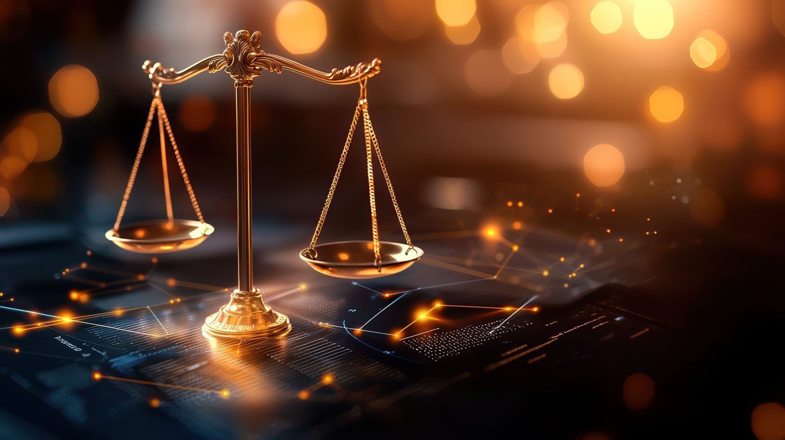Golden scales of justice on a desk with a digital data overlay